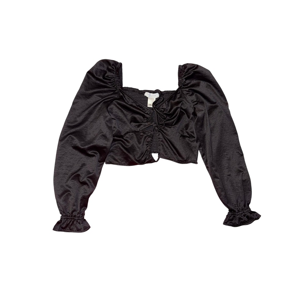 Kirious Los Angeles Black Satin Tie Front Puff Sleeve Smocked Crop Top Small